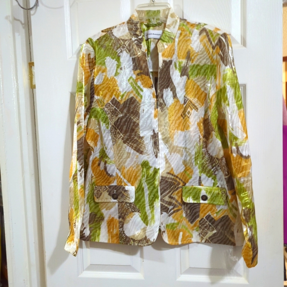 3/$25 📌Alfred Dunner Women's Blazer Gold Brown Geometric Luxe Zip Front Sz 12